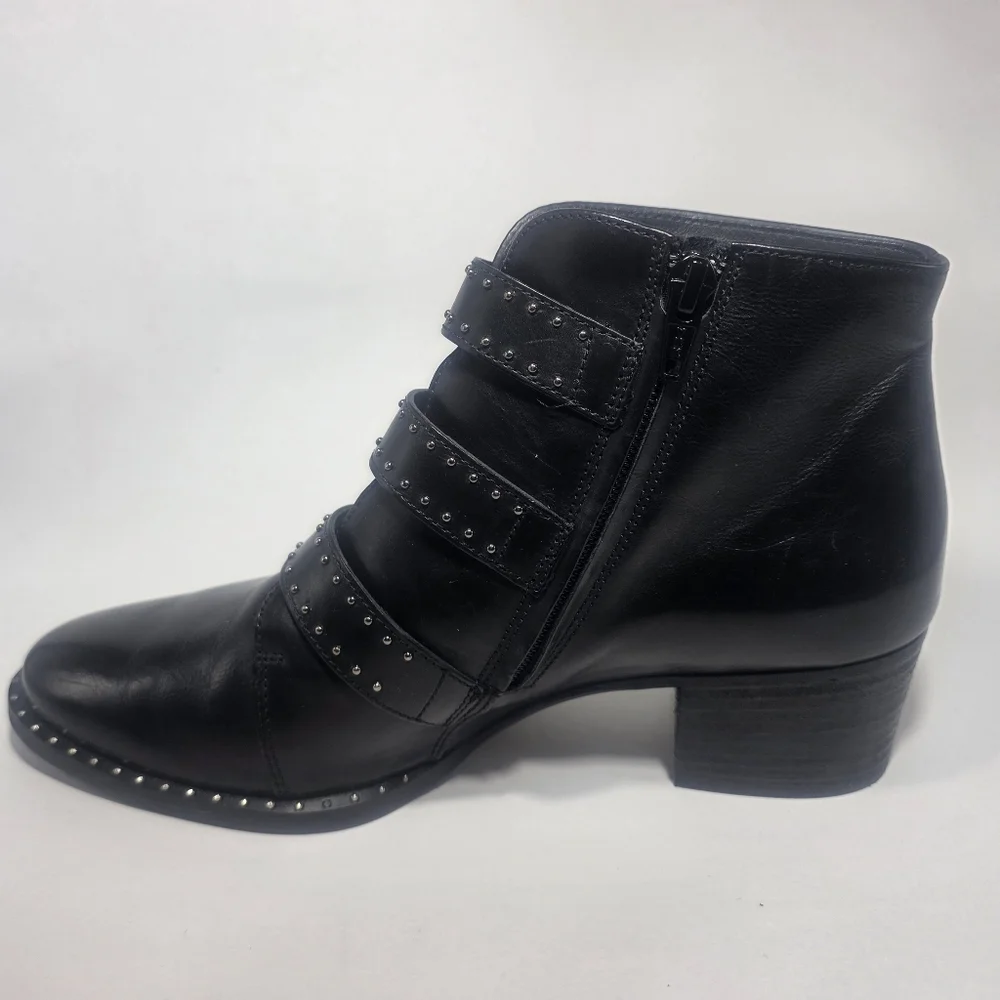 Paul Green Women’s Black Leather Studded Buckle Ankle Boots Size 5 Block Heel